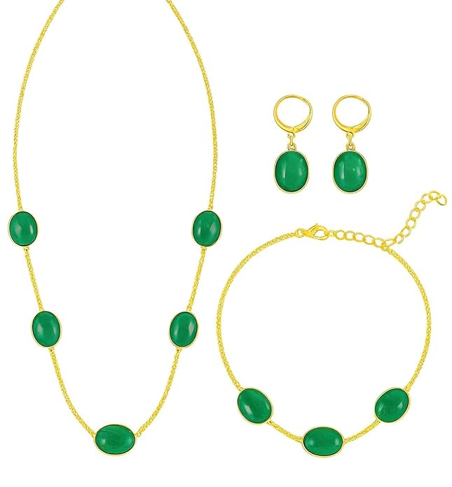 Stone Gold Plated Chain Jewelry Set, Necklace Bracelet Earrings, 3 Piece Set