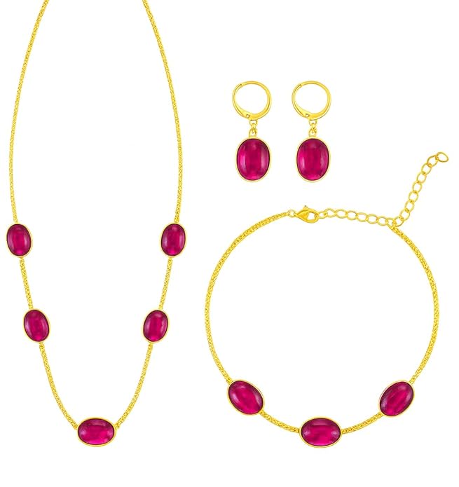 Stone Gold Plated Chain Jewelry Set, Necklace Bracelet Earrings, 3 Piece Set