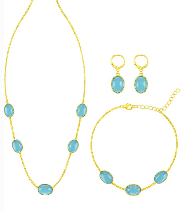 Stone Gold Plated Chain Jewelry Set, Necklace Bracelet Earrings, 3 Piece Set