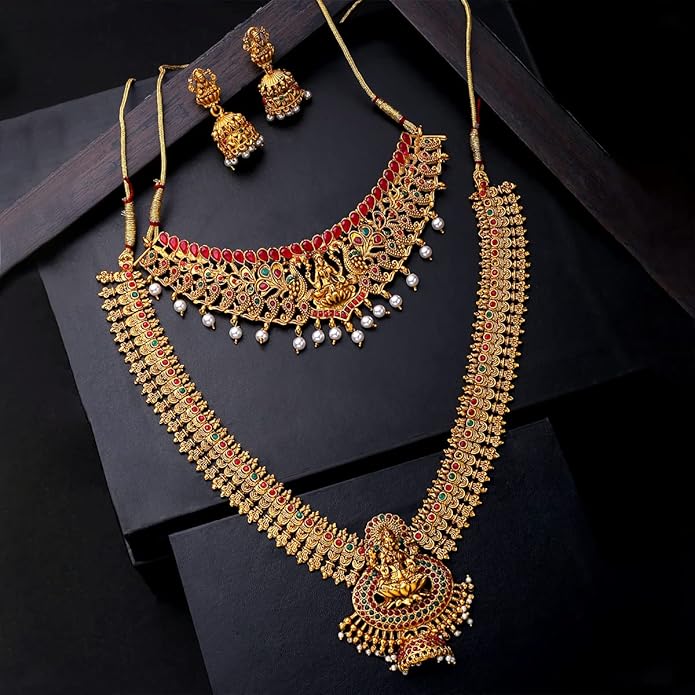 Gold Plated Temple Bridal Jewelry Set with Necklace and Earrings