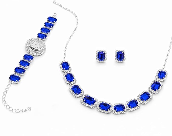 Crystal Jewelry Set, Necklace Earrings Bracelet Watch, Rhinestone Halo, Silver Tone, 3 Piece Set