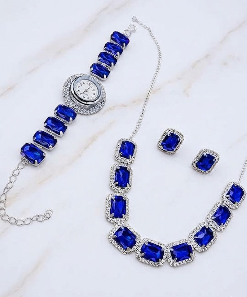 Crystal Jewelry Set, Necklace Earrings Bracelet Watch, Rhinestone Halo, Silver Tone, 3 Piece Set
