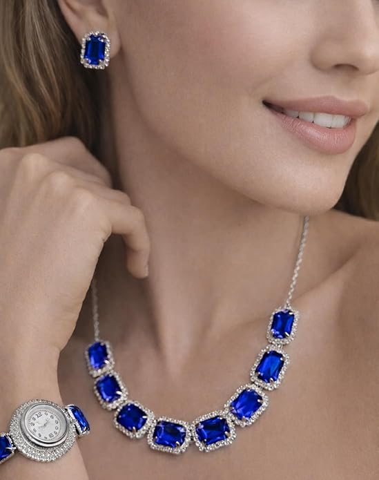 Crystal Jewelry Set, Necklace Earrings Bracelet Watch, Rhinestone Halo, Silver Tone, 3 Piece Set