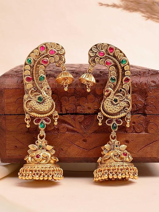 Temple Style Gold Plated Peacock Jhumki Earrings