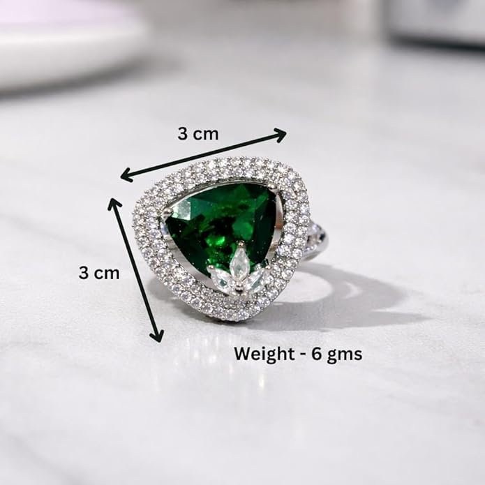 Emerald Green Trillion Cut and Cubic Zirconia studded Adjustable Cocktail Ring