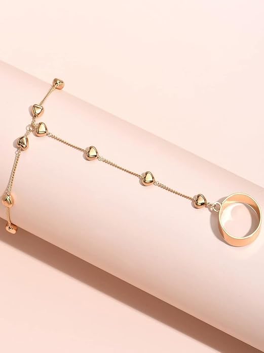 Gold Tone Delicate Bracelet with Ring - Hand Thong/Hand Harness - Heart Motif for Women & Girls