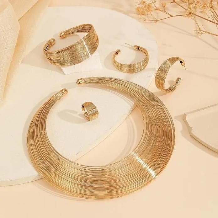 Gold Plated Jewelry Set : Choker Necklace, Cuff Bracelet ,Earrings, Ring