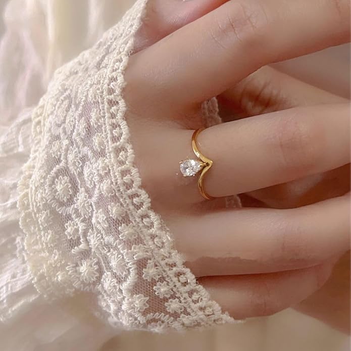 Gold Plated Waterproof Anti-Tarnish V-Shaped Zircon Ring for Women