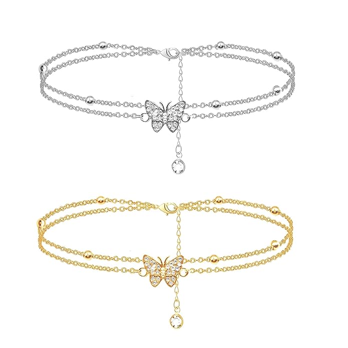 2 PCS Butterfly Anklets, Gold and Silver Double Layer