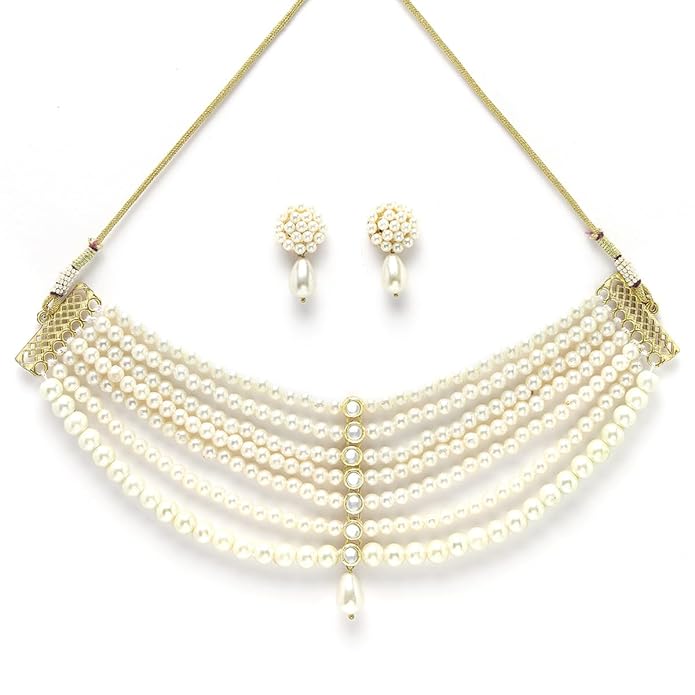 Pearl Beaded Kundan Choker Necklace Set for Women