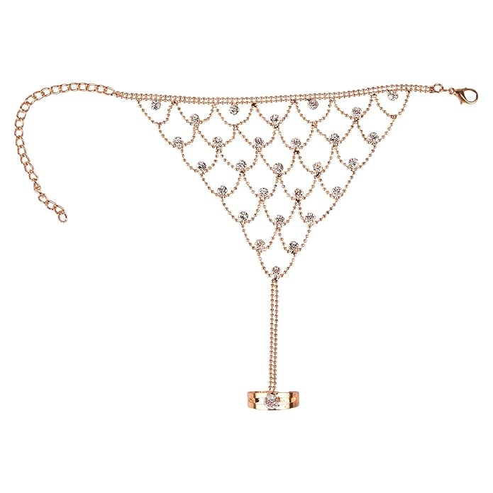 Gold Plated Hand Harness Rhinestone Ring Bracelet for Women and Girls