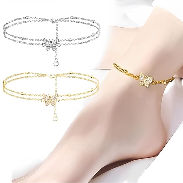 2 PCS Butterfly Anklets, Gold and Silver Double Layer