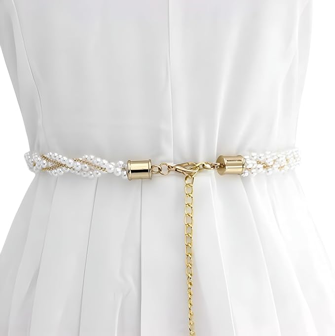 Adjustable Pearl Waist Chain/Kamarband with Golden Braided Buckle Design - Size for Waist 26-36 inch
