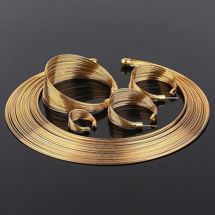 Gold Plated Jewelry Set : Choker Necklace, Cuff Bracelet ,Earrings, Ring
