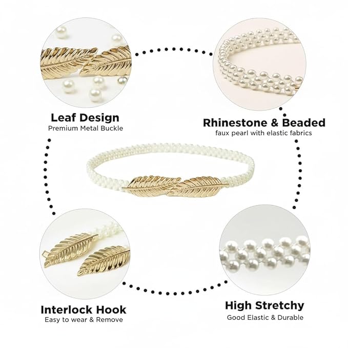 Stretchable Pearl Waist Cahin with Golden Leaf Buckle.