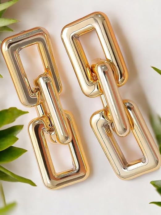 Gold Tone Chunky Square Link Chain Fashion Drop Earrings for Women & Girls