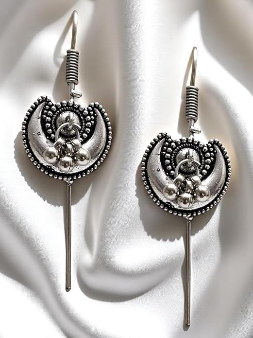 Oxidised Silver Bugadi Ear Cuff Earrings - Chand Sahpe with Ghungroo - for Women & Girls Stylish Latest