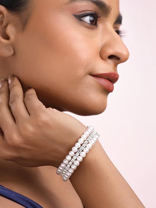 Silver Tone White Pearl Stone Multi-Layer Bracelet