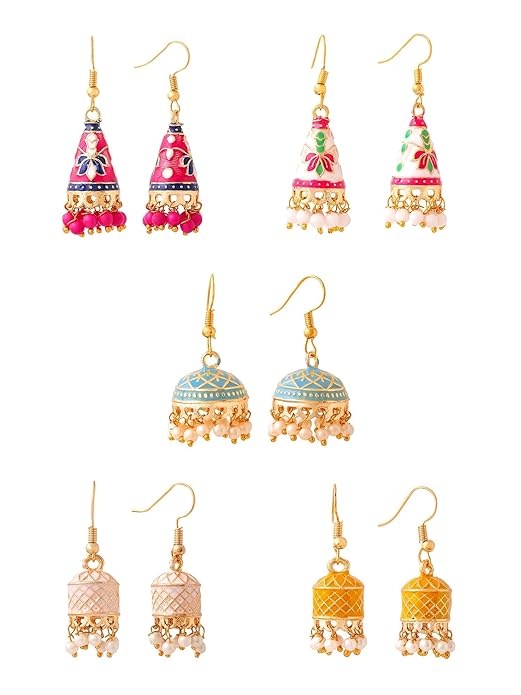 Gold Plated Combo of 5 Pairs of Meenakari Ethnic Jhumka Earrings for Women and Girls