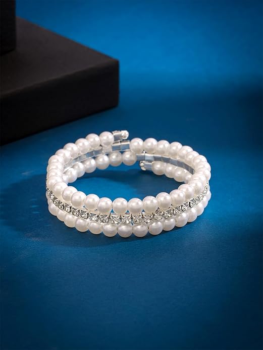 Silver Tone White Pearl Stone Multi-Layer Bracelet