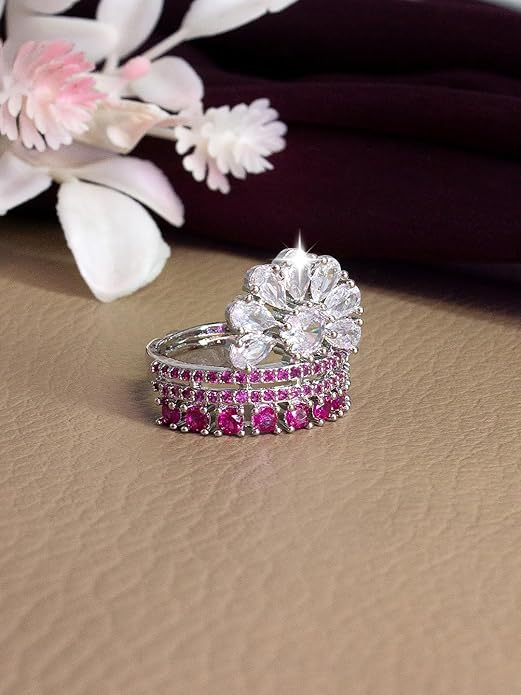 Rhodium Plated Pink American Diamond Ring (Adjustable)