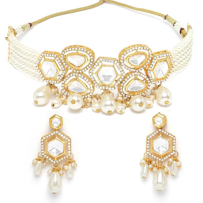 Pearl Beaded Polki Kundan Choker Necklace Set for Women