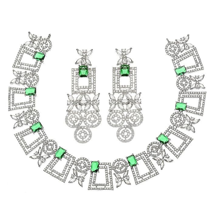 Rhodium-Plated CZ Studded Necklace With Earrings Jewellery Set