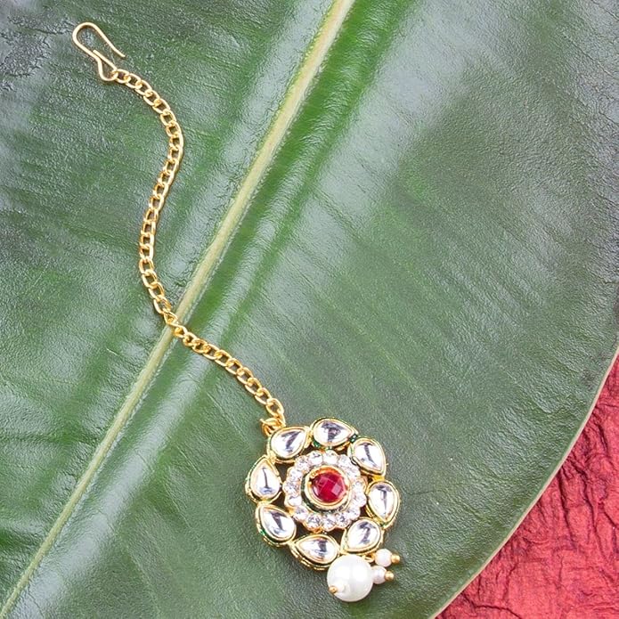 Kundan & Pearls Traditional Maangtikka with Red Beads & Floral Pendant