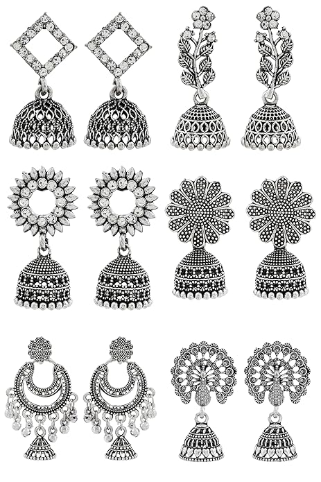 Traditional Oxidised Silver Jhumka Earrings for women - Combo pack of 6
