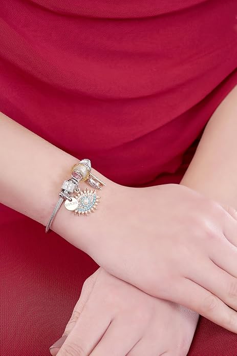 Trendy Silver Metal Evil Eye Charm Adjustable Bracelet /Fashion Jewelry for Everyday