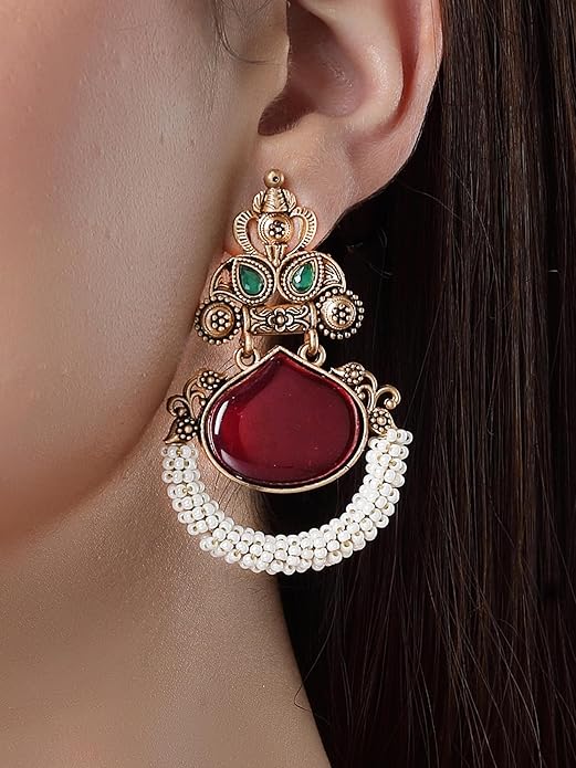 Red Stone Studded Gold Plated Drop Earrings for Women