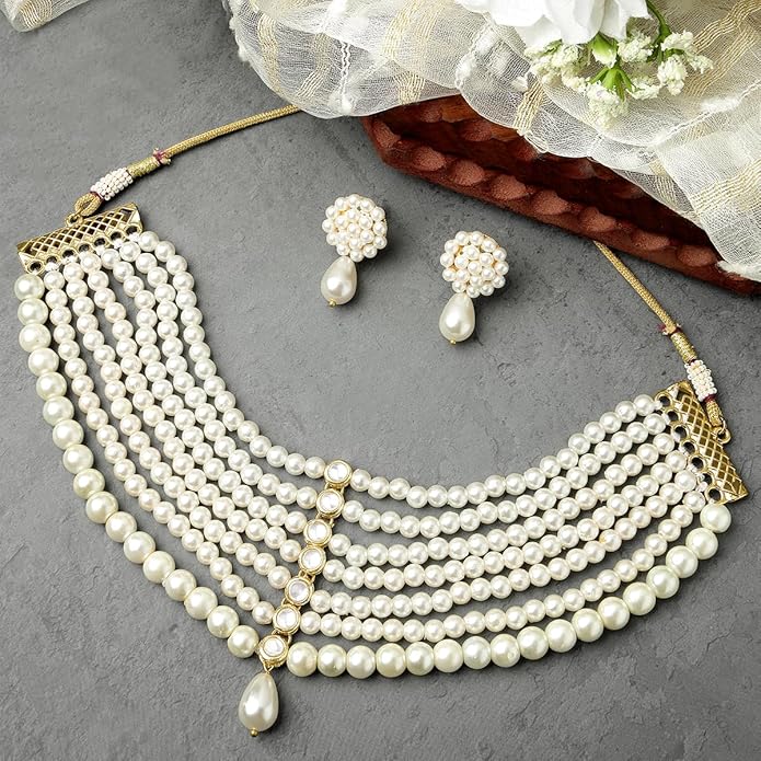 Pearl Beaded Kundan Choker Necklace Set for Women