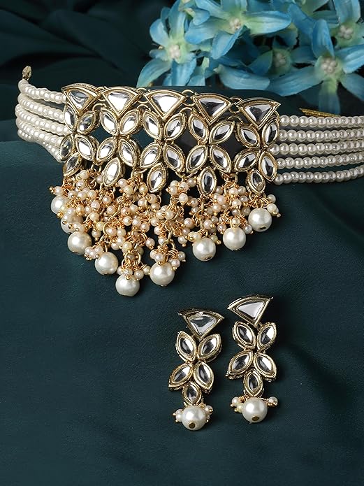 Gold Plated Pearl Studded Kundan Choker Necklace Set for Women