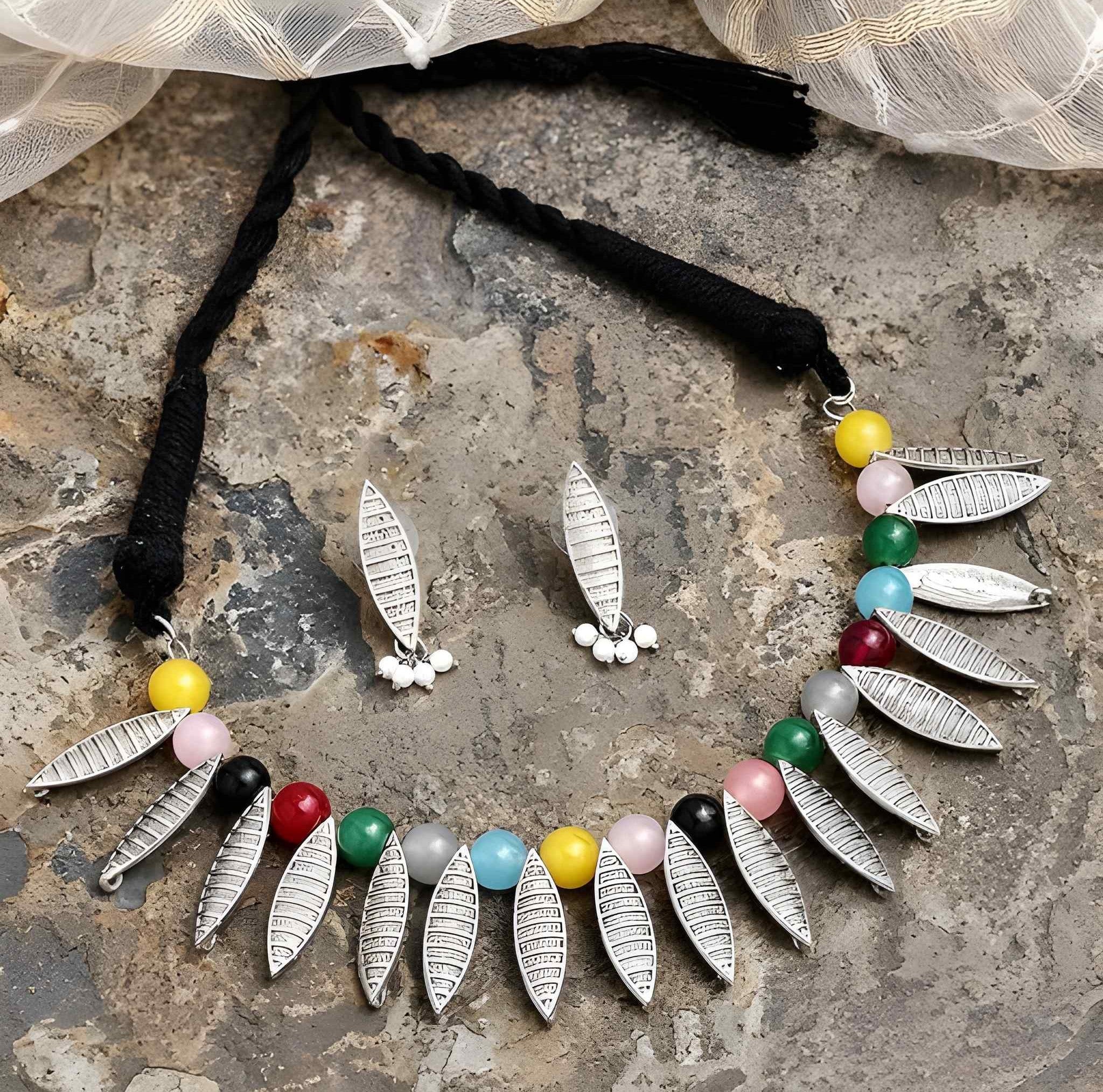 Antique German Silver Oxidized Plated Tribal Cotton Thread Jewelry Set