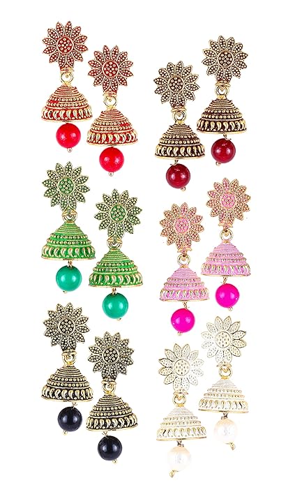 6 pairs Combo Set of Ethnic Jhumka Earrings with Gold Meenakari work