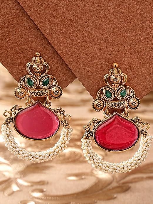 Red Stone Studded Gold Plated Drop Earrings for Women