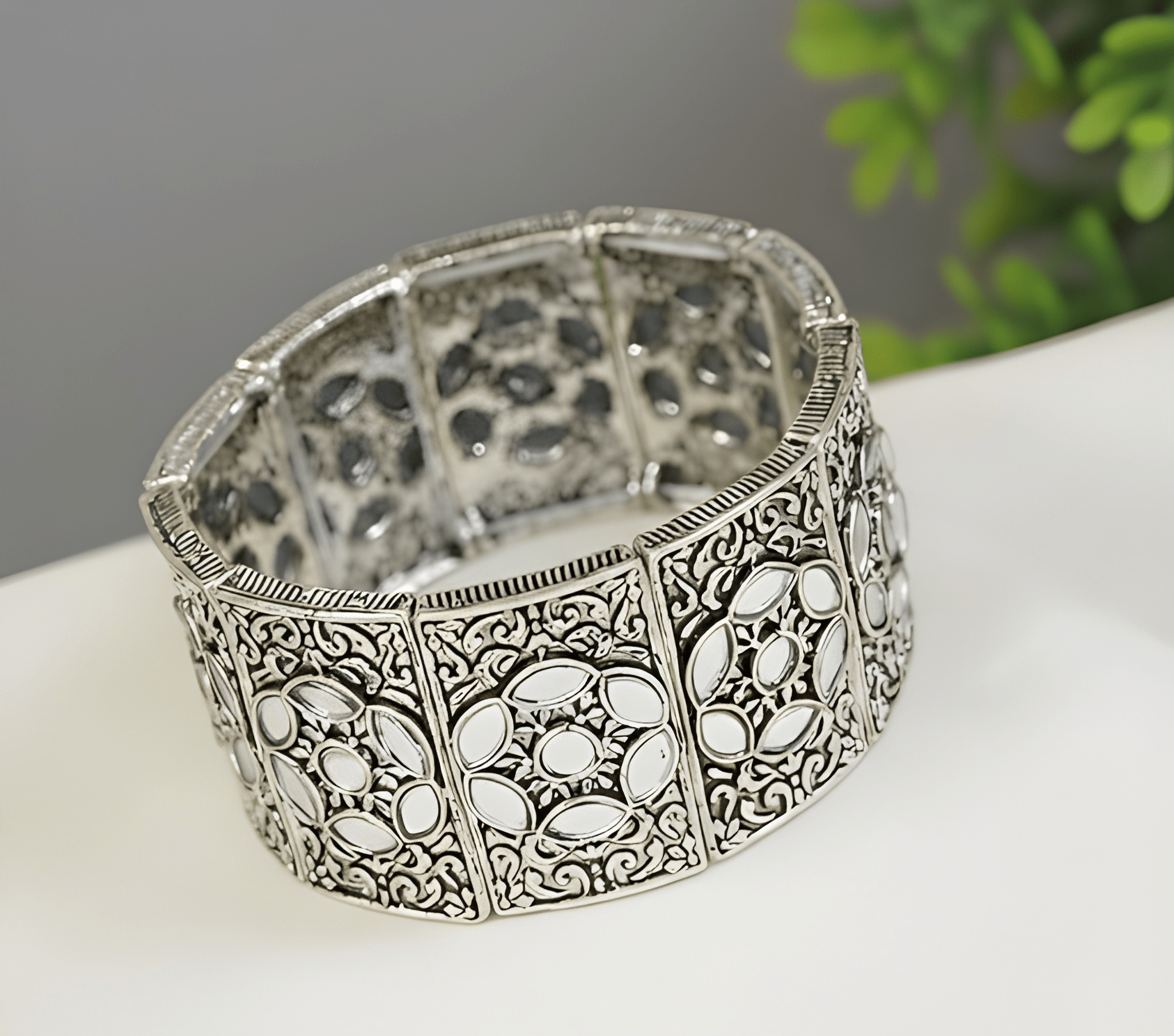 Silver Oxidized Afghani Traditional Mirror Work Stretch Bracelet