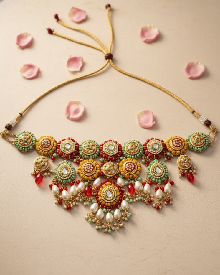 Multi-Color Enameled Kundan Necklace With Pearls And Beads