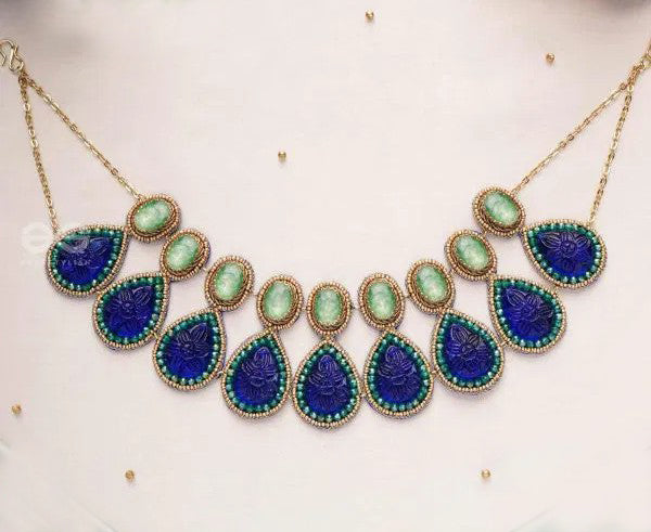 Golden Necklace Embedded with Blue Gemstones