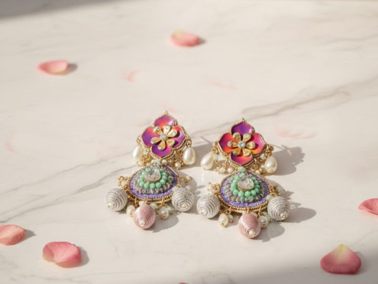 Hand Embroidered Earrings with Floral Enamel Work, Pearls and Beads