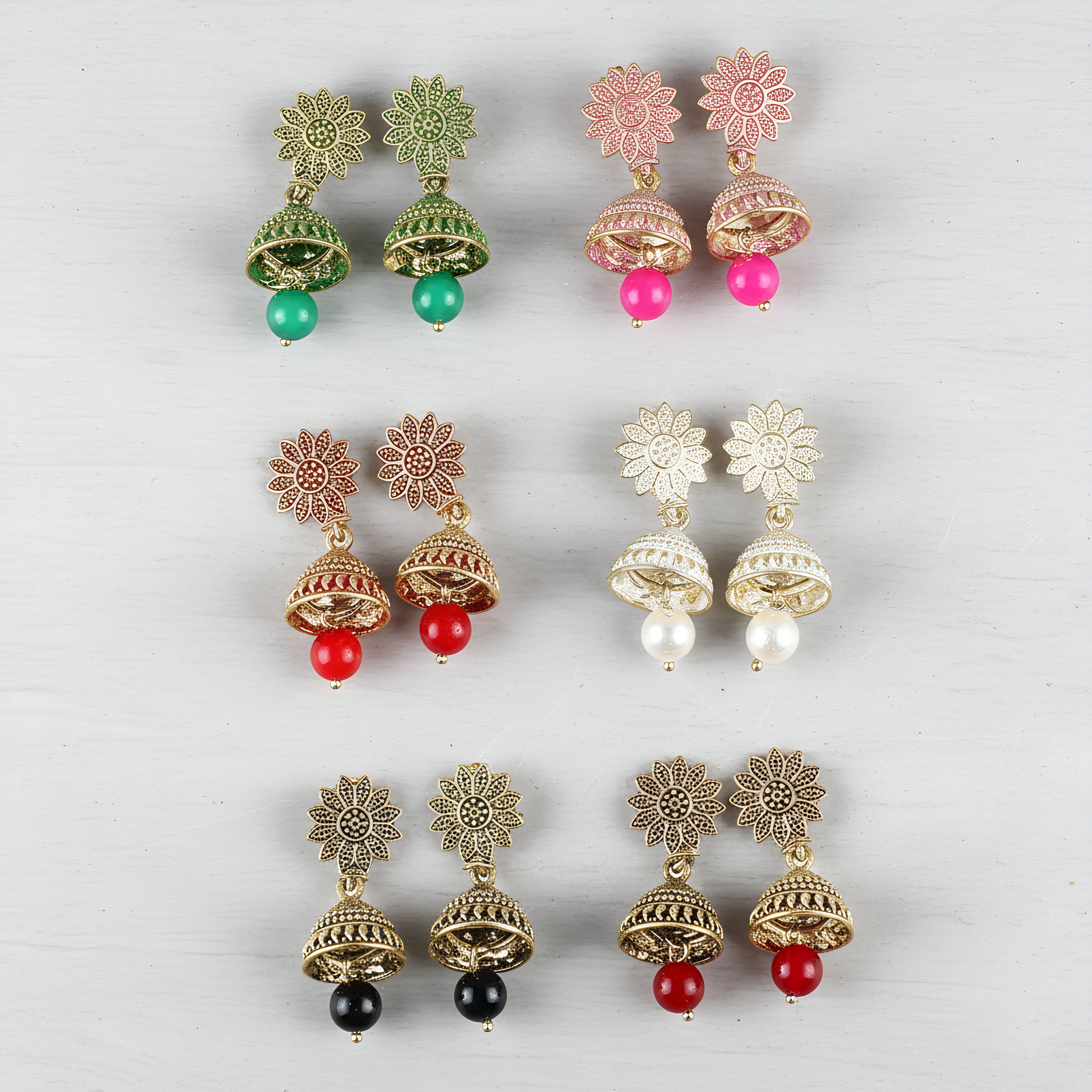 6 pairs Combo Set of Ethnic Jhumka Earrings with Gold Meenakari work