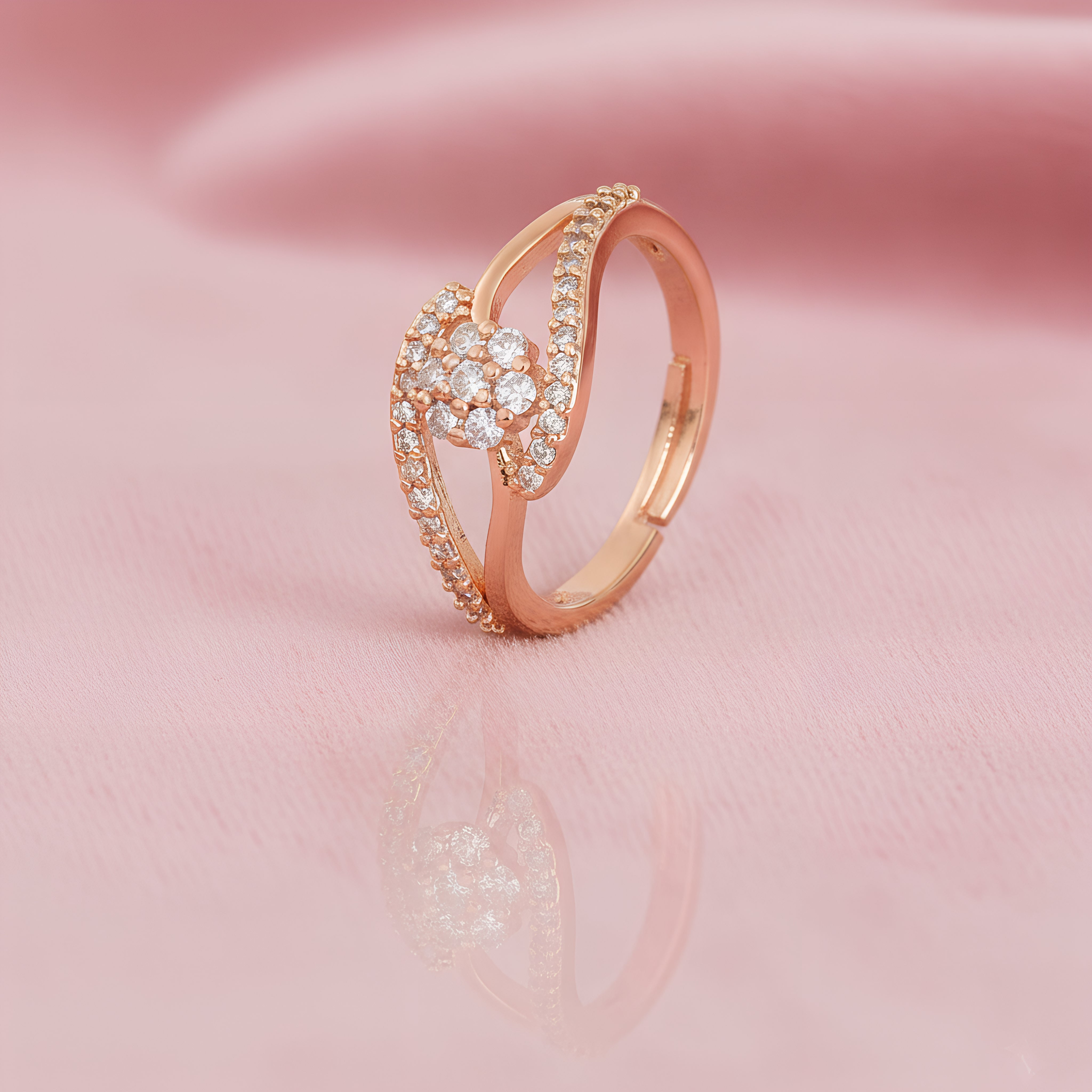 Rose Gold Plated Elegant American Diamond Studded Sparkling Adjustable Finger Ring