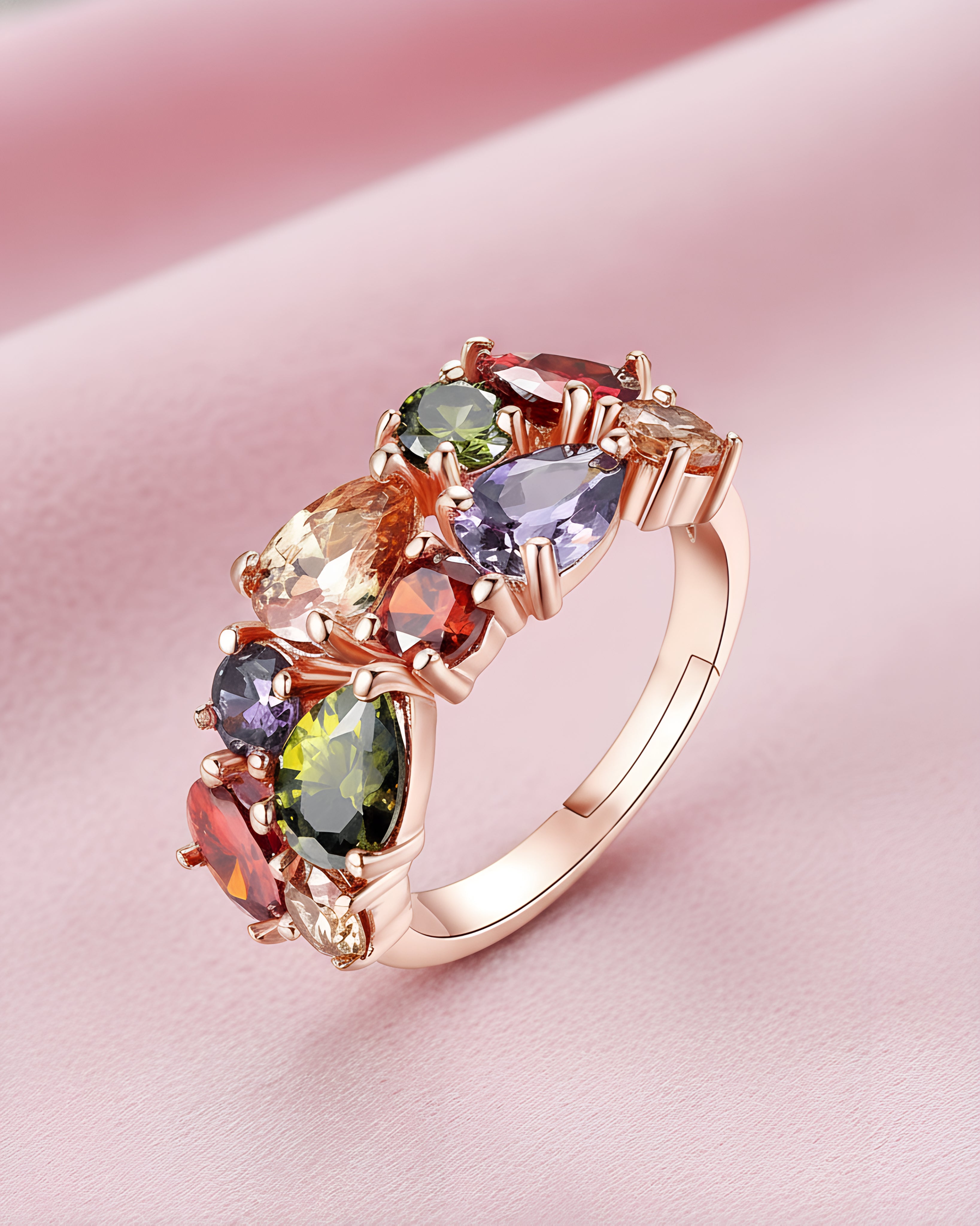 Rose Gold Plated Multicolor Cubic Zircon studded Adjustable Finger Ring