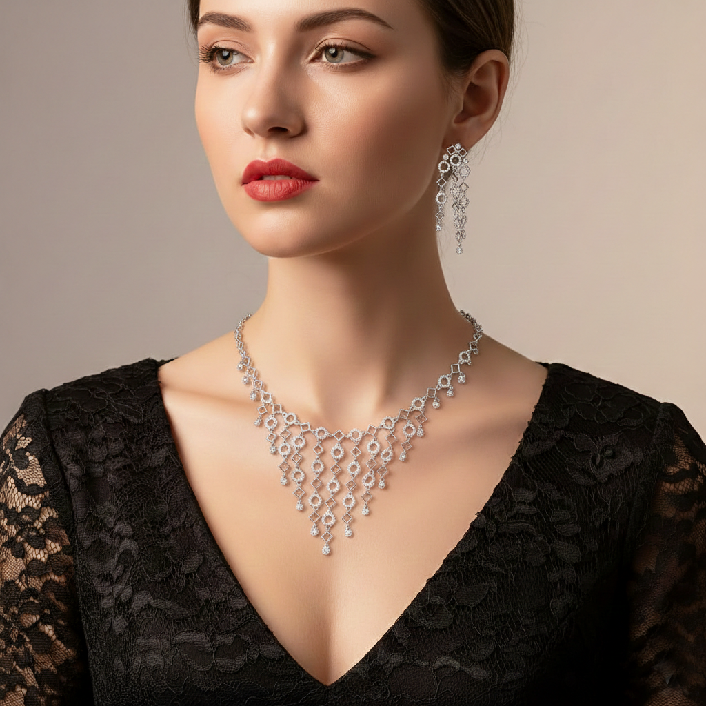 Geometrical Shaped American Diamond Studded Necklace With Earrings Jewelry Set