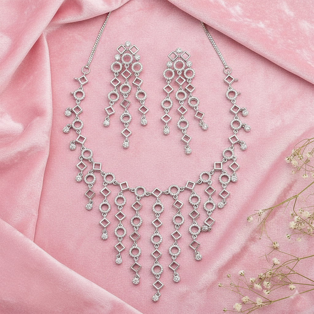 Geometrical Shaped American Diamond Studded Necklace With Earrings Jewelry Set