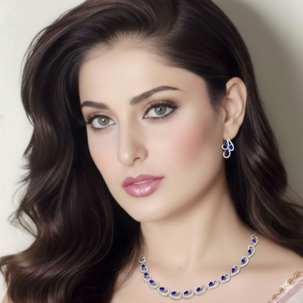 Rhodium-Plated with Silver-Toned White CZ Necklace and Earrings Jewelry Set