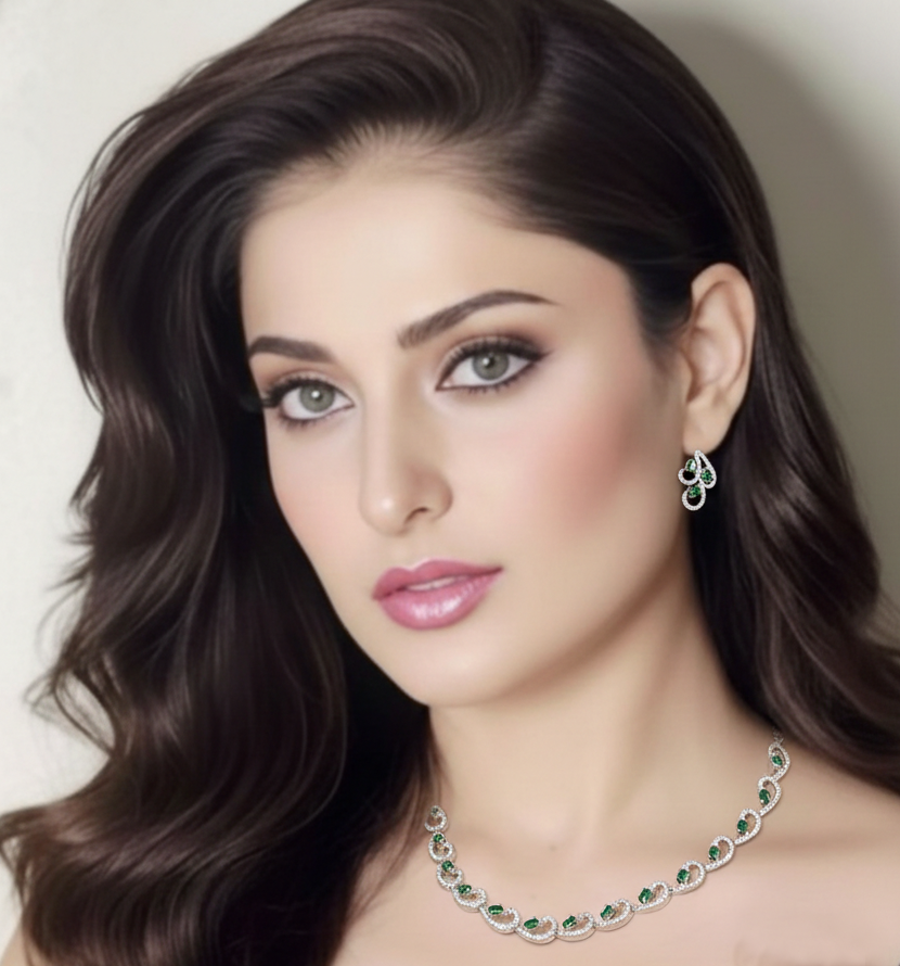 Rhodium-Plated with Silver-Toned White CZ Necklace and Earrings Jewelry Set