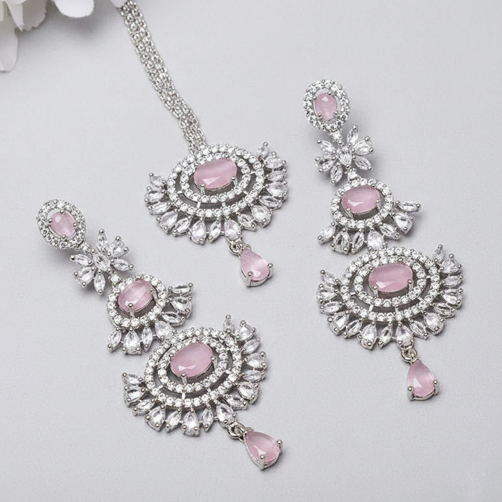 American Diamond Studded Maang Tikka /head jewelry & Earrings Set