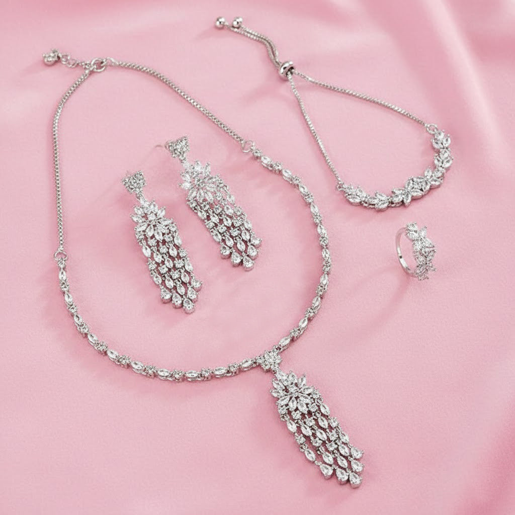 Jewellery Set: American Diamond Necklace, Earrings, Bracelet & Ring