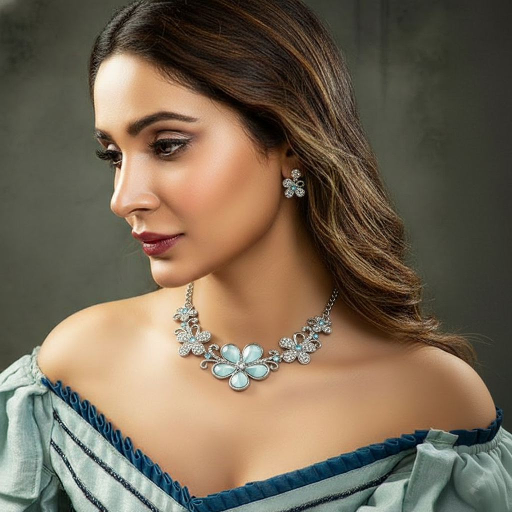 American Diamonds Studded Floweret Necklace With Earrings Jewellery Set